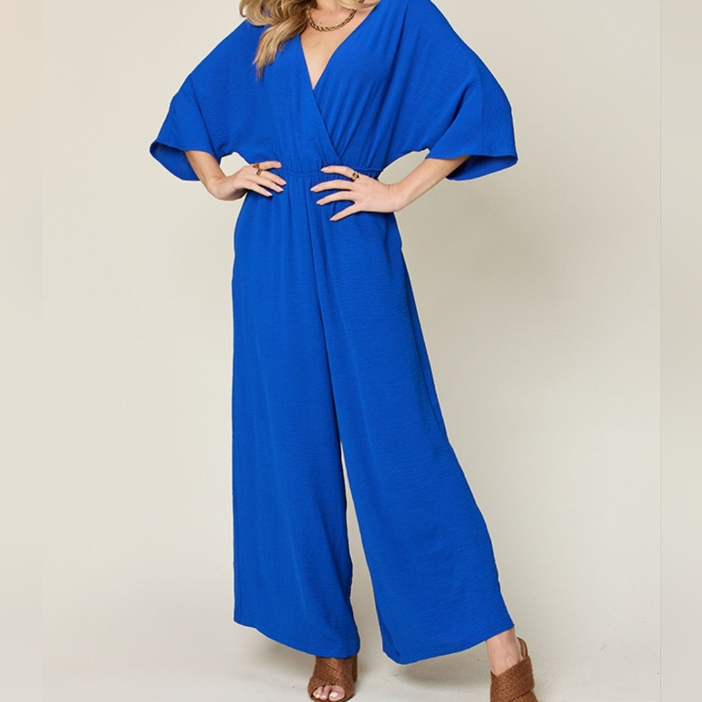 Blue Wide-Leg Surplice Jumpsuit - Picture 8 of 15